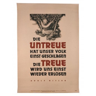 Affisch från andra världskriget. Otrogenhet har besegrat vårt folk en gång. Adolf Hitler. Espenlaub militaria