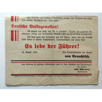 Appeal Poster in support of the start of the war August 26, 1939.. Espenlaub militaria