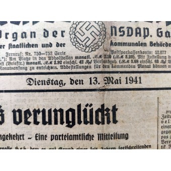 Innsbrucker Nachrichten, May 13, 1941 - Rudolf Hess missed. Espenlaub militaria