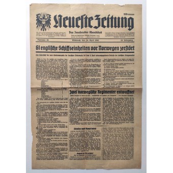 Neueste Zeitung - 24. huhtikuuta 1940 - 61 Britannian laivayksikköä tuhosi Norjan. Espenlaub militaria