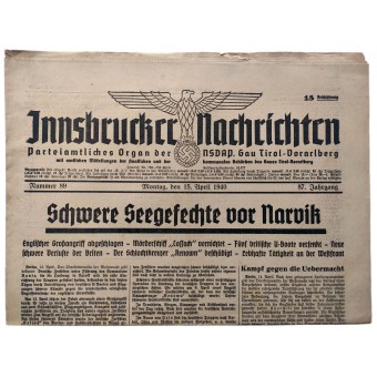 Die Innsbrucker Nachrichten, 15. April 1940 - Schwere Seegefechte vor Narvik. Espenlaub militaria