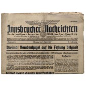 The Innsbrucker Nachrichten - journal NSDAP de la région de Tirol-Voralberg - 7 avril 1941 - Grêle de bombes sur Belgrade