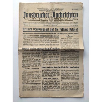 The Innsbrucker Nachrichten - NSDAP Giornale della regione Tirol-Voralberg - 7 aprile 1941 - Hail of Bombs on the Belgrado. Espenlaub militaria