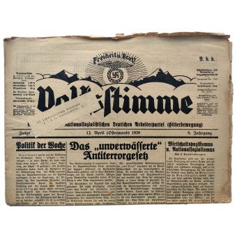 The Volksstimme, Hitlerbewegung DNSAP newspaper, April 12, 1930 pre 3 Reich. Espenlaub militaria