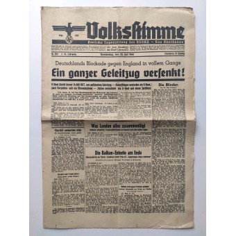 Die Volksstimme - offizielle Tageszeitung der NSDAP - 25. Juli 1940 - Ein ganzer Konvoi versenkt!. Espenlaub militaria