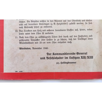 Luftwaffe kasern affisch om risk för brandrisk från år 1940. Espenlaub militaria