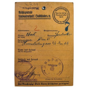 Tarjeta de estancia en el campo de la sede del Reich para niños de ciudad. Espenlaub militaria