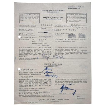Todistus armeijasta kotiuttamisesta joulukuussa 1945. Espenlaub militaria
