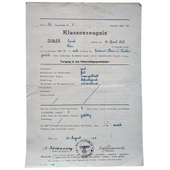 Luokan päättötodistus lukuvuodelta 1942/1943. Espenlaub militaria