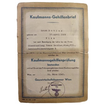 Gehilfenbrief nach Abschluss des Wirtschaftsstudiums im Jahr 1945. Espenlaub militaria