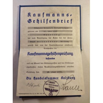Tutkintotodistus (Gehilfenbrief) liiketalouden kurssista vuonna 1939.. Espenlaub militaria