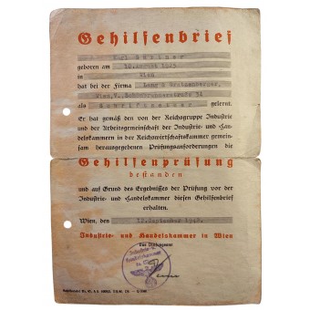 Graduate certificate or Gehilfenbrief for the typesetter from Vienna. Espenlaub militaria