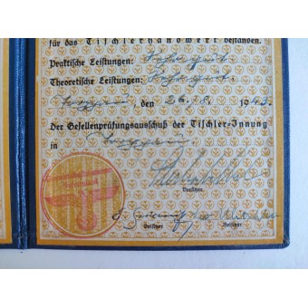 Certificat de fin détudes (Lehrbrief, Prüfungszeugnis) pour le cours de menuiserie, 1943. Espenlaub militaria