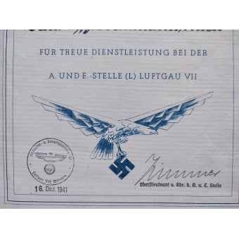 Remerciements pour les services rendus à la Luftwaffe, datés de 1941. Espenlaub militaria