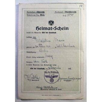 Heimatschein o Certificado de residencia fechado en 1938. Espenlaub militaria