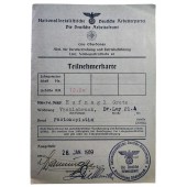 Deltagarkort för den tyska arbetsfronten (DAF) från 1939