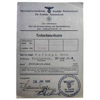Teilnehmerausweis der Deutschen Arbeitsfront (DAF) von 1939. Espenlaub militaria