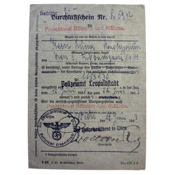 Passierschein, ausgestellt von der Polizeidirektion Leopoldstadt im Jahr 1943. Espenlaub militaria