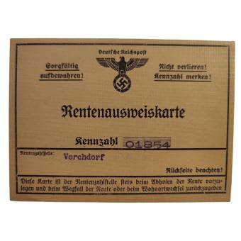 Rentenausweiskarte - pension card issued in Vorchdorf. Espenlaub militaria