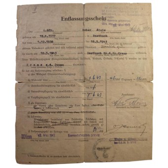 Todistus vapautuksesta asepalveluksesta vuonna 1943.. Espenlaub militaria