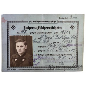 Yearly Fishing license for 14 years old boy dated 1941. Espenlaub militaria