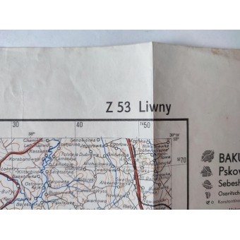 Saksan armeijan karttalehti Z 53 Liwny (Venäjä) mittakaavassa 1 : 300 000, 1942.. Espenlaub militaria
