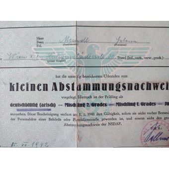 Nazi Germany Aryan certificate from 1942 - Klein Abstammungsnachweis. Espenlaub militaria