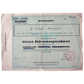 Certificato ariano della Germania nazista del 1943 - Klein Abstammungsnachweis. Espenlaub militaria