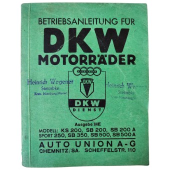 Manuel du propriétaire pour les motos DKW, 1937. Espenlaub militaria