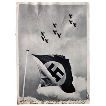 Carte postale représentant le drapeau allemand avec une croix gammée et des avions en vol, 1940. Espenlaub militaria