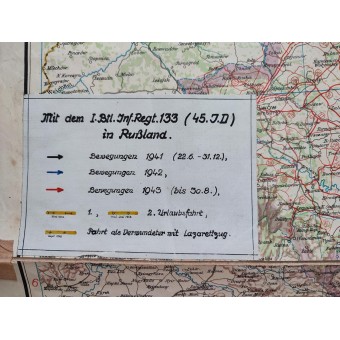 Mapa con la ruta de combate de la unidad alemana del 45º I.D. en Rusia, frente oriental en 1941-1943. Espenlaub militaria