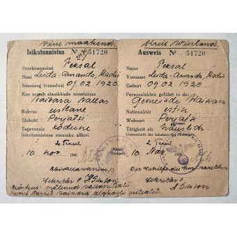 Deutscher Personalausweis für estnische Zivilisten, 1941. Espenlaub militaria