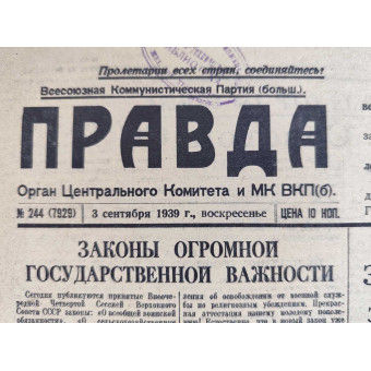 The main Soviet newspaper Pravda dated September 3, 1939.. Espenlaub militaria