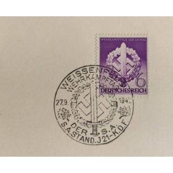 Carte postale de 1ère journée avec cachet de la poste et timbre dédié aux événements SA en 1942. Espenlaub militaria