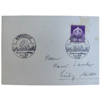 Postal de 1er día con Nuernberg Sello especial sobre SA Concursos defensivos en septiembre de 1942. Espenlaub militaria