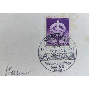 Postal de 1er día con Nuernberg Sello especial sobre SA Concursos defensivos en septiembre de 1942. Espenlaub militaria