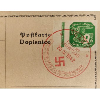 Postcard del 1 ° giorno con il grande francobollo speciale per il compleanno di Hitler nel 1942. Espenlaub militaria