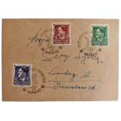 Briefumschlag des 1. Tages mit Marken und Briefmarken zu Hitlers Geburtstag im Jahr 1944