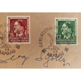 Ensimmäisen päivän kirjekuori merkillä ja postimerkeillä Hitlerin syntymäpäiväksi vuonna 1944. Espenlaub militaria