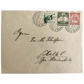 Enveloppe van de eerste dag met drie merktekens voor nazi-feestdag in 1935