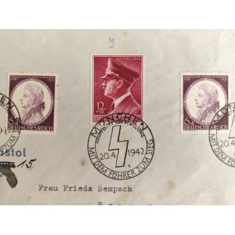 Ensimmäisen päivän kirjekuori Hitlerin ja Mozartin postmarkeilla, 20. huhtikuuta 1942. Espenlaub militaria