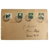 Kirjekuori, jossa on neljä erilaista natsipostileimaa vuodelta 1935.