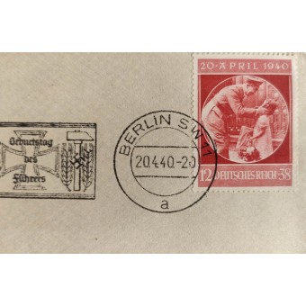 Busta con il timbro di compleanno di Hitler datato 20.4.40 e timbro postale. Espenlaub militaria