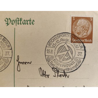 Ensimmäisen päivän postikortti SA Sport -kilpailuille Berliinissä vuonna 1937. Espenlaub militaria