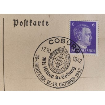 Carte postale du premier jour avec un timbre spécial dédié à la visite de Hitler à Coburg, 1942 daté. Espenlaub militaria