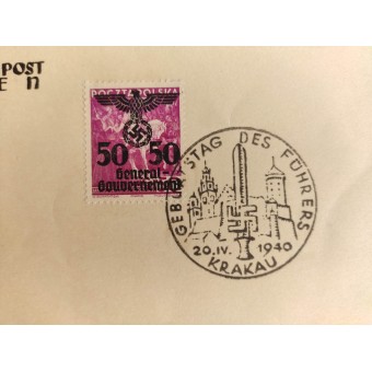 Postcard of the first day with postmark of occupied Poland and Cracow / Krakow stamp. Espenlaub militaria