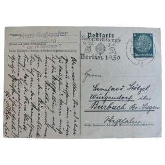 Postal con el sello especial para el evento deportivo de SA en Berlín en 1939. Espenlaub militaria