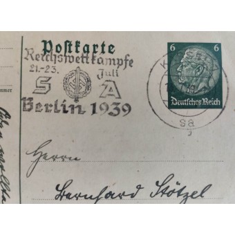 Postal con el sello especial para el evento deportivo de SA en Berlín en 1939. Espenlaub militaria
