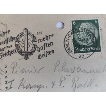 Carte postale avec devise nazie et timbre daté du 5 mars 1938. Espenlaub militaria