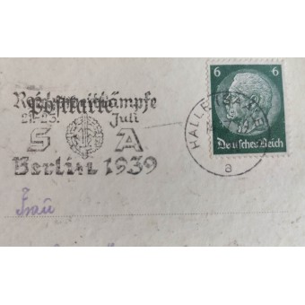 Postcard with SA stamp dedicated to the competitions in Berlin in 1939. Espenlaub militaria